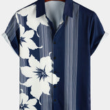 Marineblaues Aloha-Herrenhemd mit Blumen und Streifen