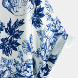 Levin Kurzarmhemd für Herren mit Totenkopf- und Blumenmotiv – Blau