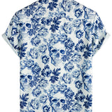 Levin Kurzarmhemd für Herren mit Totenkopf- und Blumenmotiv – Blau