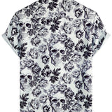 Marco Kurzarm-Herrenhemd mit Totenkopf- und Blumenmotiv – Schwarz