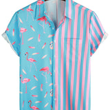 Blaues Herrenhemd mit Flamingos und Streifen